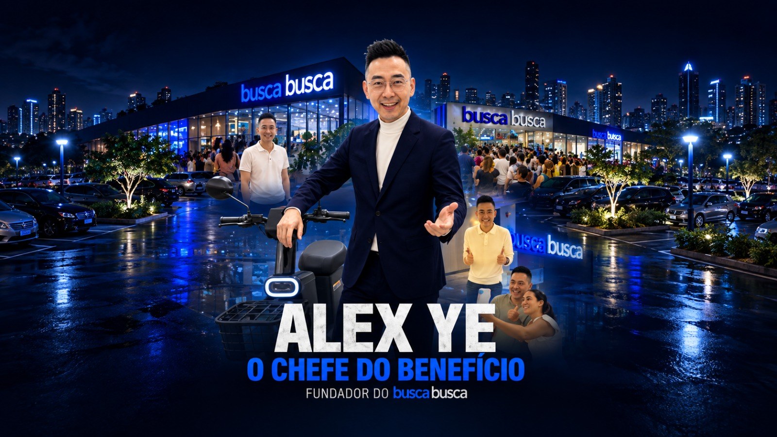 Alex Ye, o Chefe do Benefício, fundador do Busca Busca, diante das lojas Busca Busca iluminadas à noite